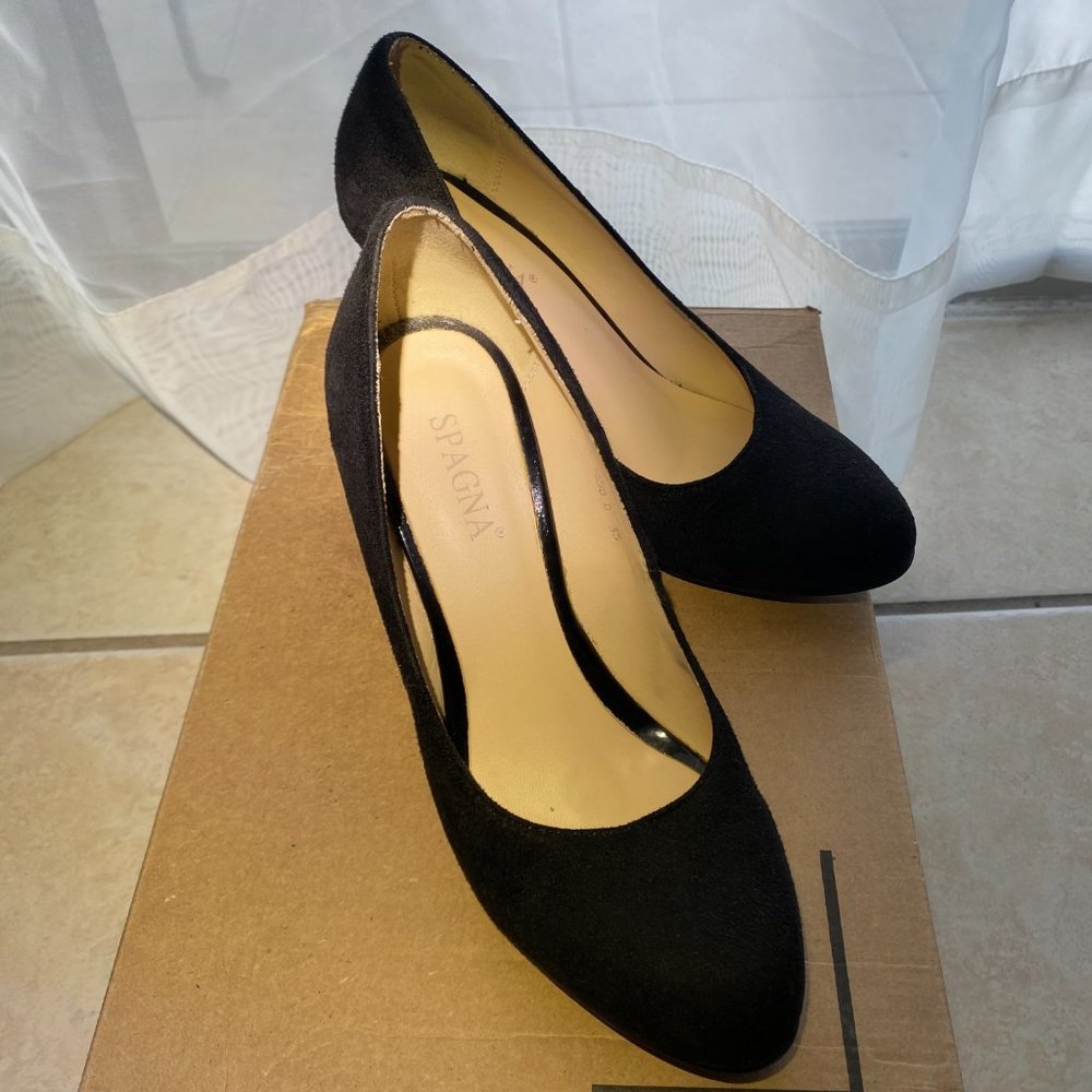 Spagna Black Suede Classic High Heels Posie Wedges Pumps Closed Round Toe Size 5 - Picture 2 of 10